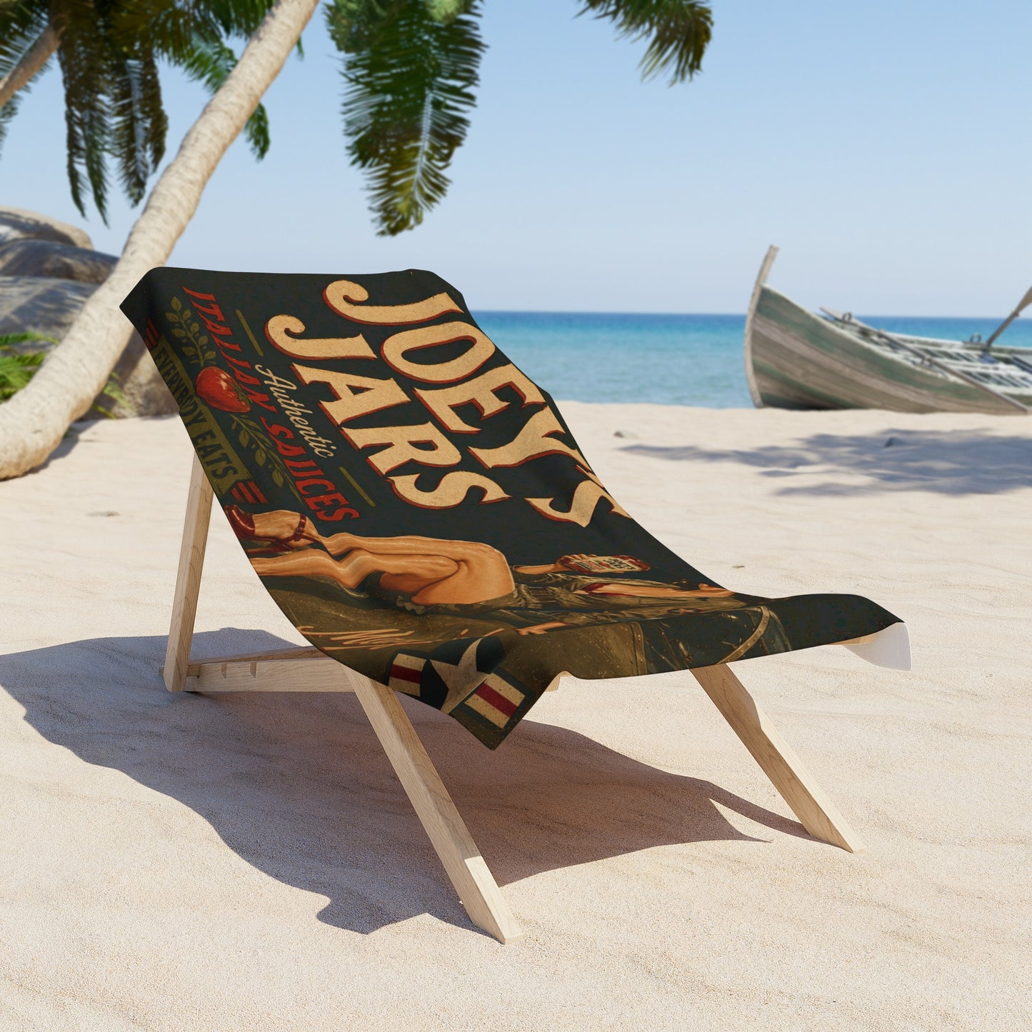 Joey's Jars Vintage Pin-Up Beach Towel — Retro Italian Sauce Sign
