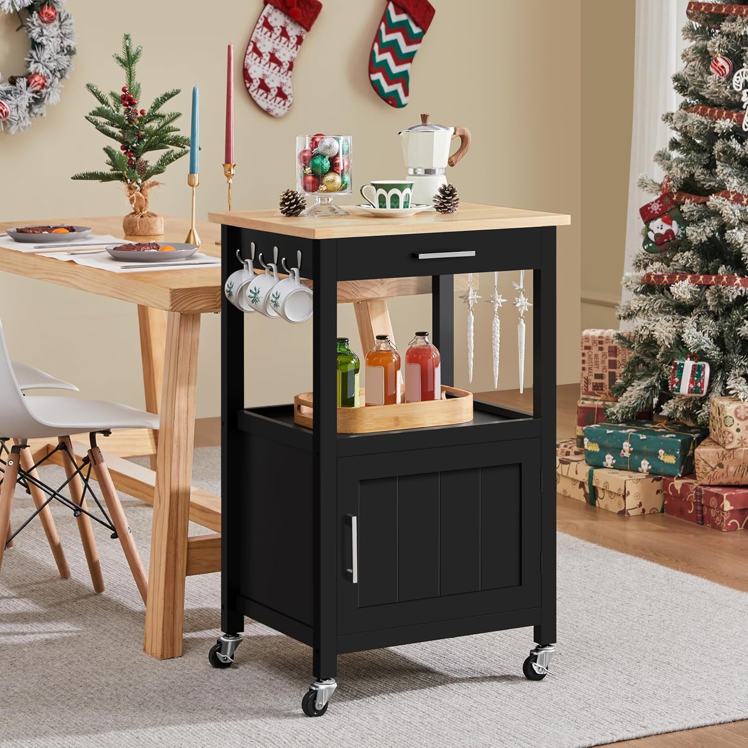 Kitchen Island Cart with Storage, Rolling Kitchen Island on Wheels with 6 Side Hooks, Wood Top Microwave Cart with Drawer for Dining Room, Black