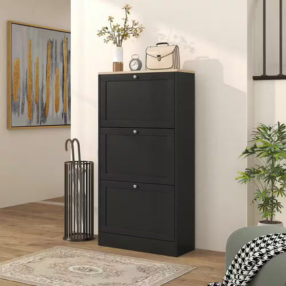Slim Entryway Shoe Storage Cabinet — 3 Flip Drawers, Narrow Design for Small Spaces