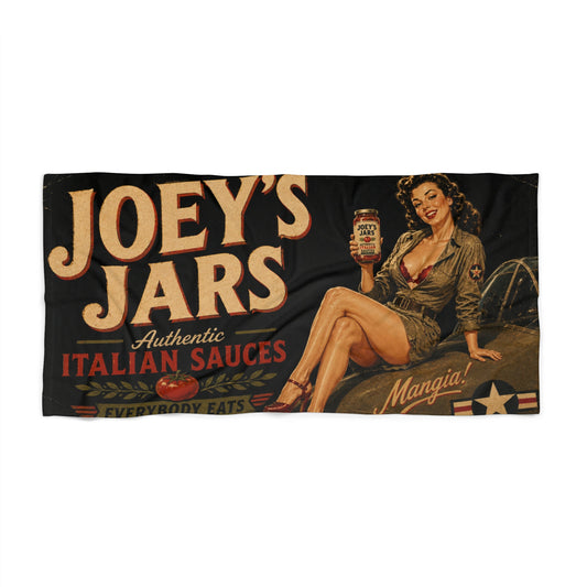 Joey's Jars Vintage Pin-Up Beach Towel — Retro Italian Sauce Sign