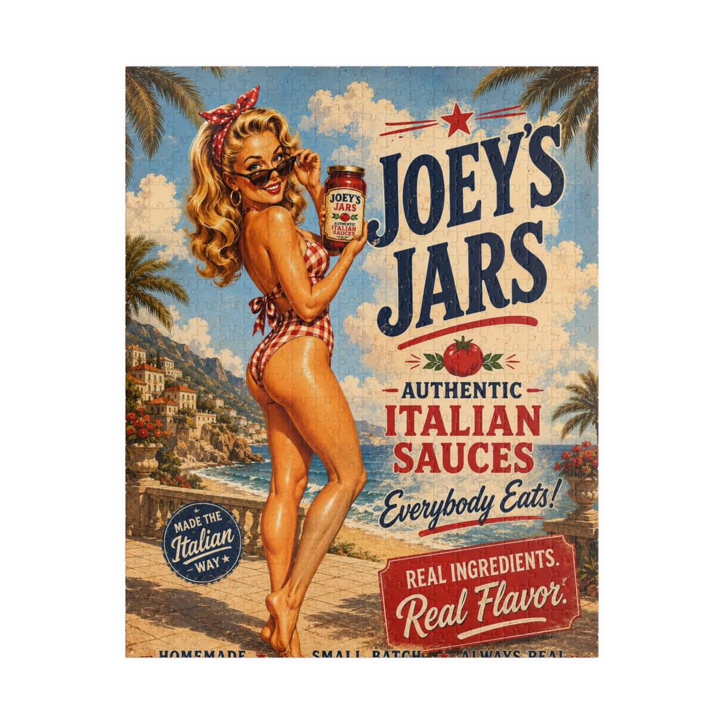 Joey's Jars Retro Pin-Up Puzzle — Vintage Italian Sauce Kitchen Jigsaw (520 pc)