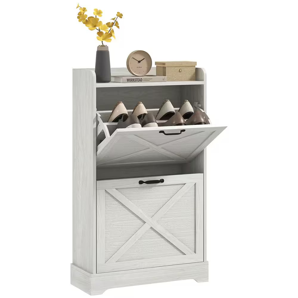 Slim Shoe Cabinet for Entryway, Farmhouse Hidden Shoe Storage Cabinet with 2 Flip Drawers and Adjustable Shelves