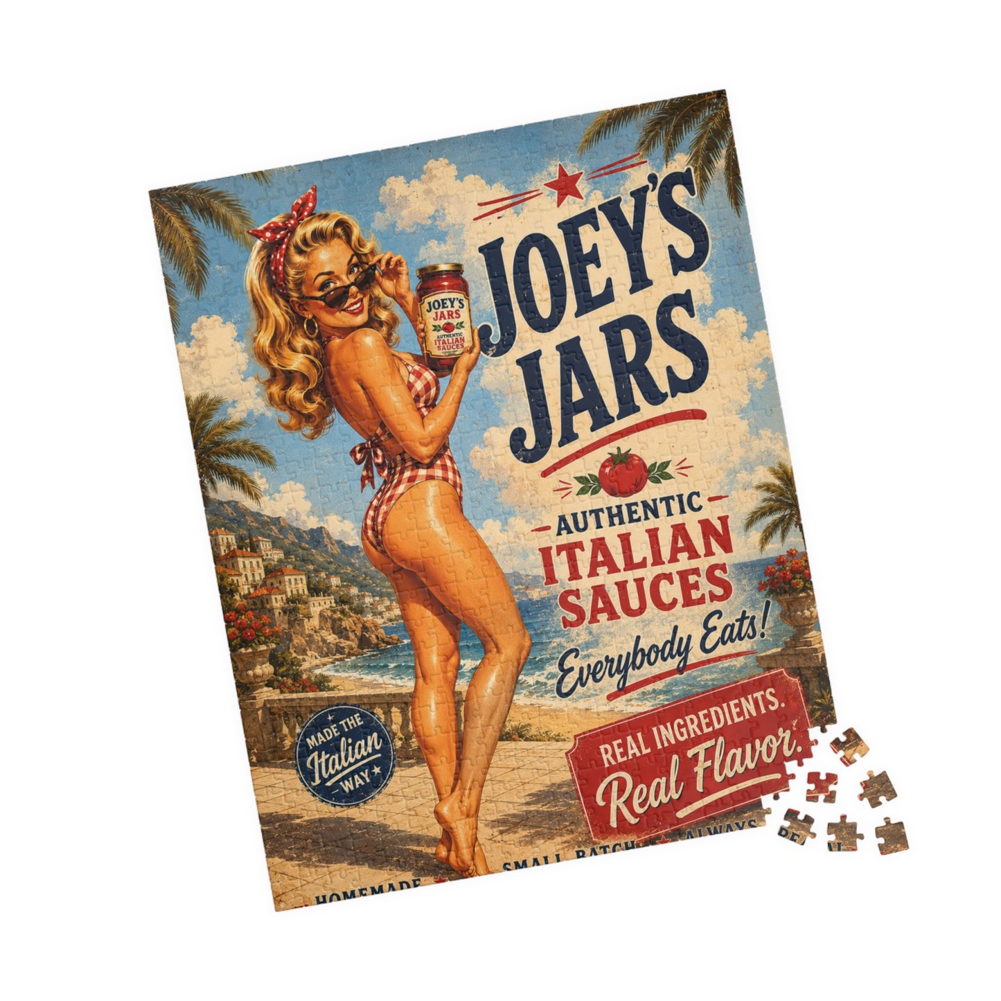 Joey's Jars Retro Pin-Up Puzzle — Vintage Italian Sauce Kitchen Jigsaw (520 pc)