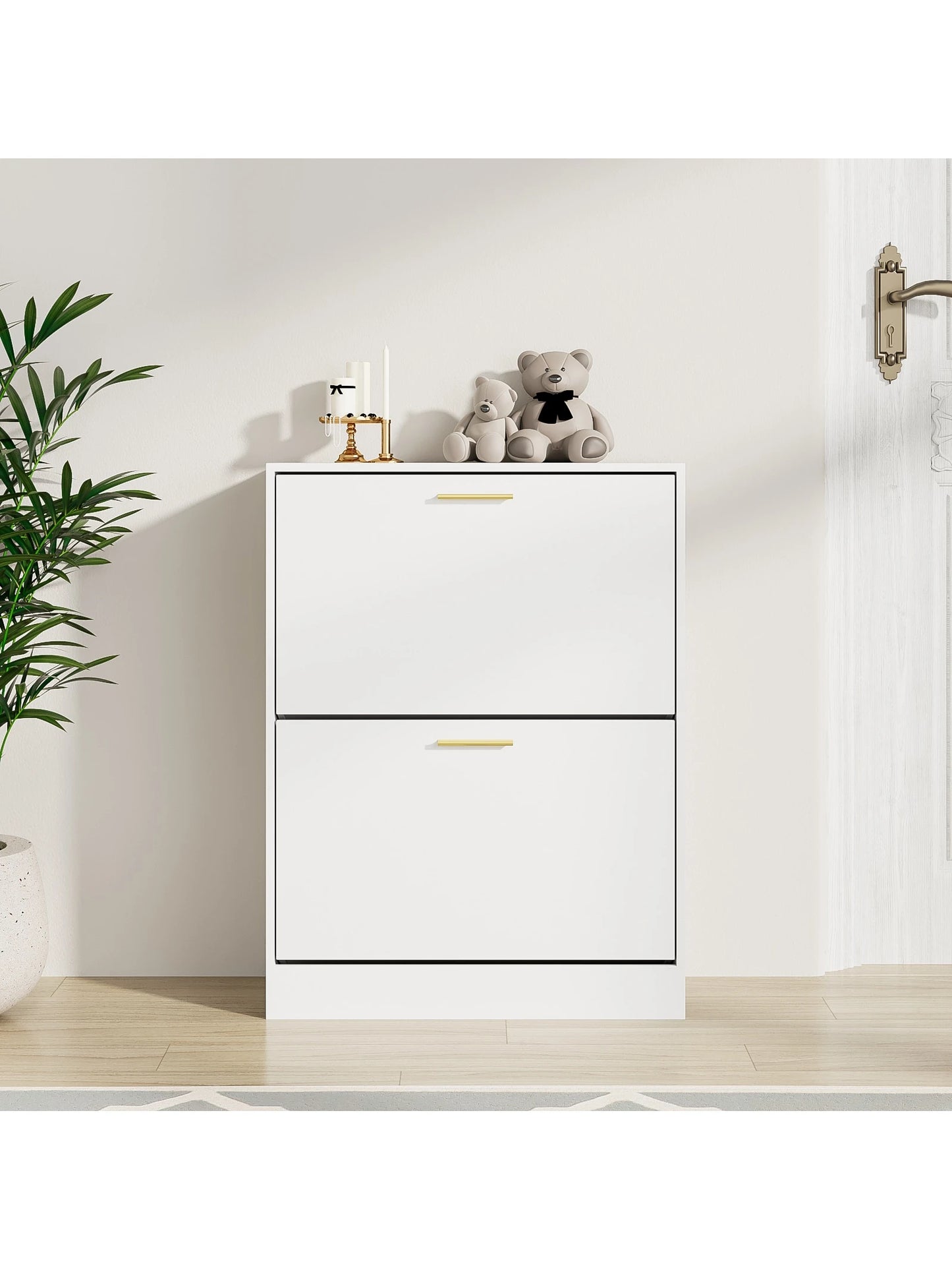 Narrow Shoe Cabinet with 2 Flip-Down Drawers – Slim Modern Entryway Storage