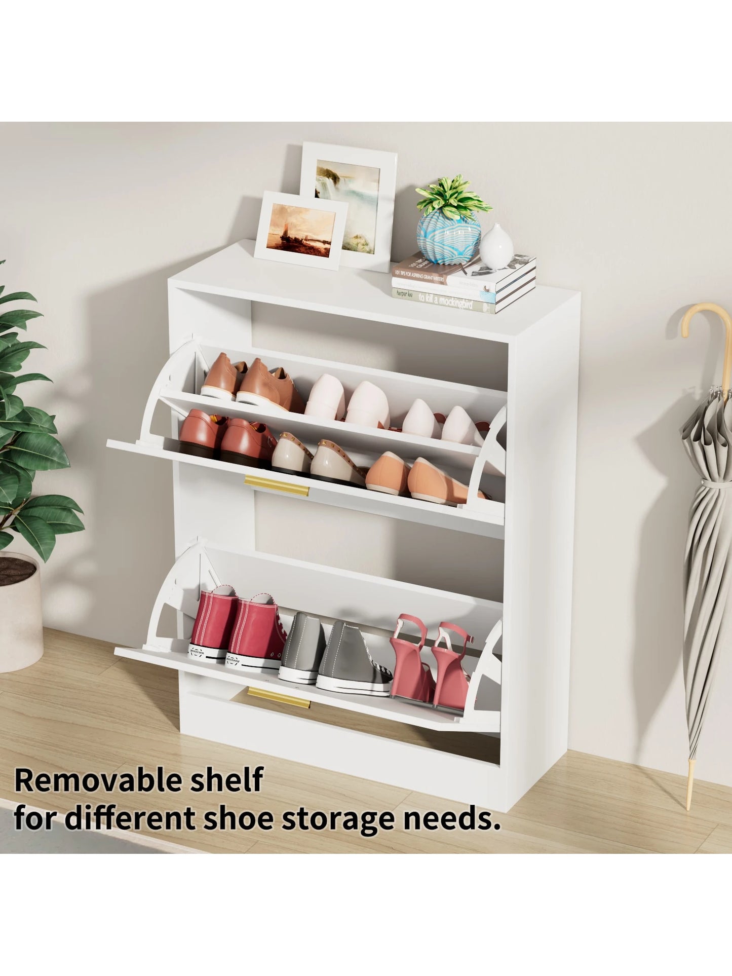 Narrow Shoe Cabinet with 2 Flip-Down Drawers – Slim Modern Entryway Storage