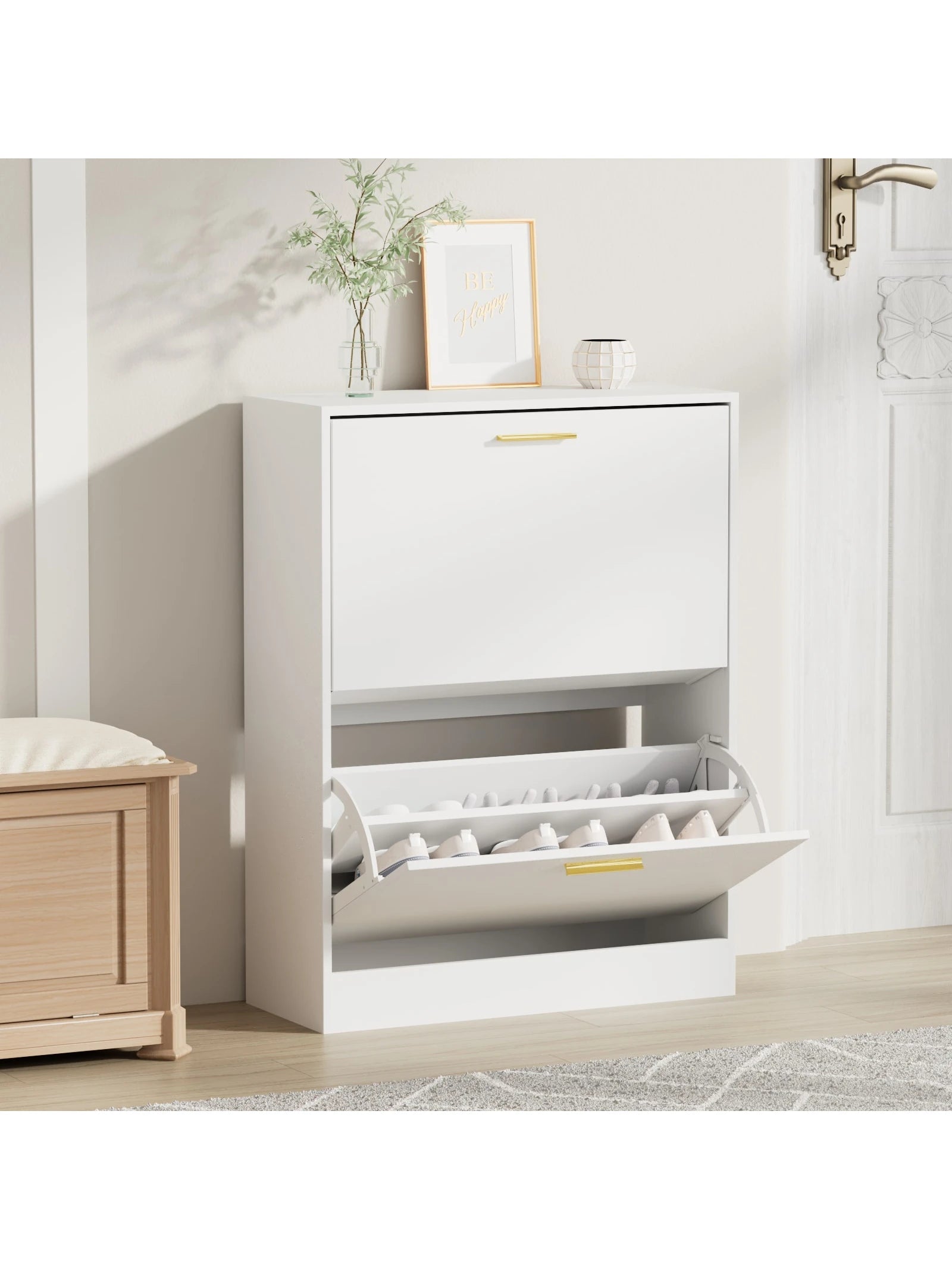 Narrow Shoe Cabinet with 2 Flip-Down Drawers – Slim Modern Entryway Storage