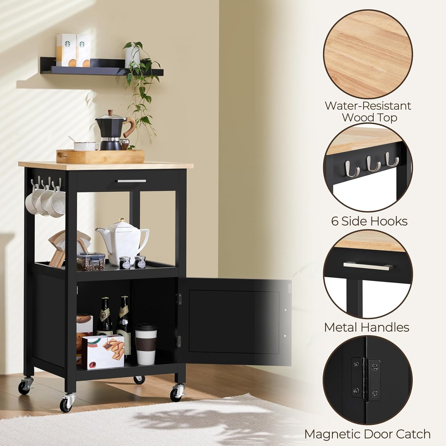 Kitchen Island Cart with Storage, Rolling Kitchen Island on Wheels with 6 Side Hooks, Wood Top Microwave Cart with Drawer for Dining Room, Black