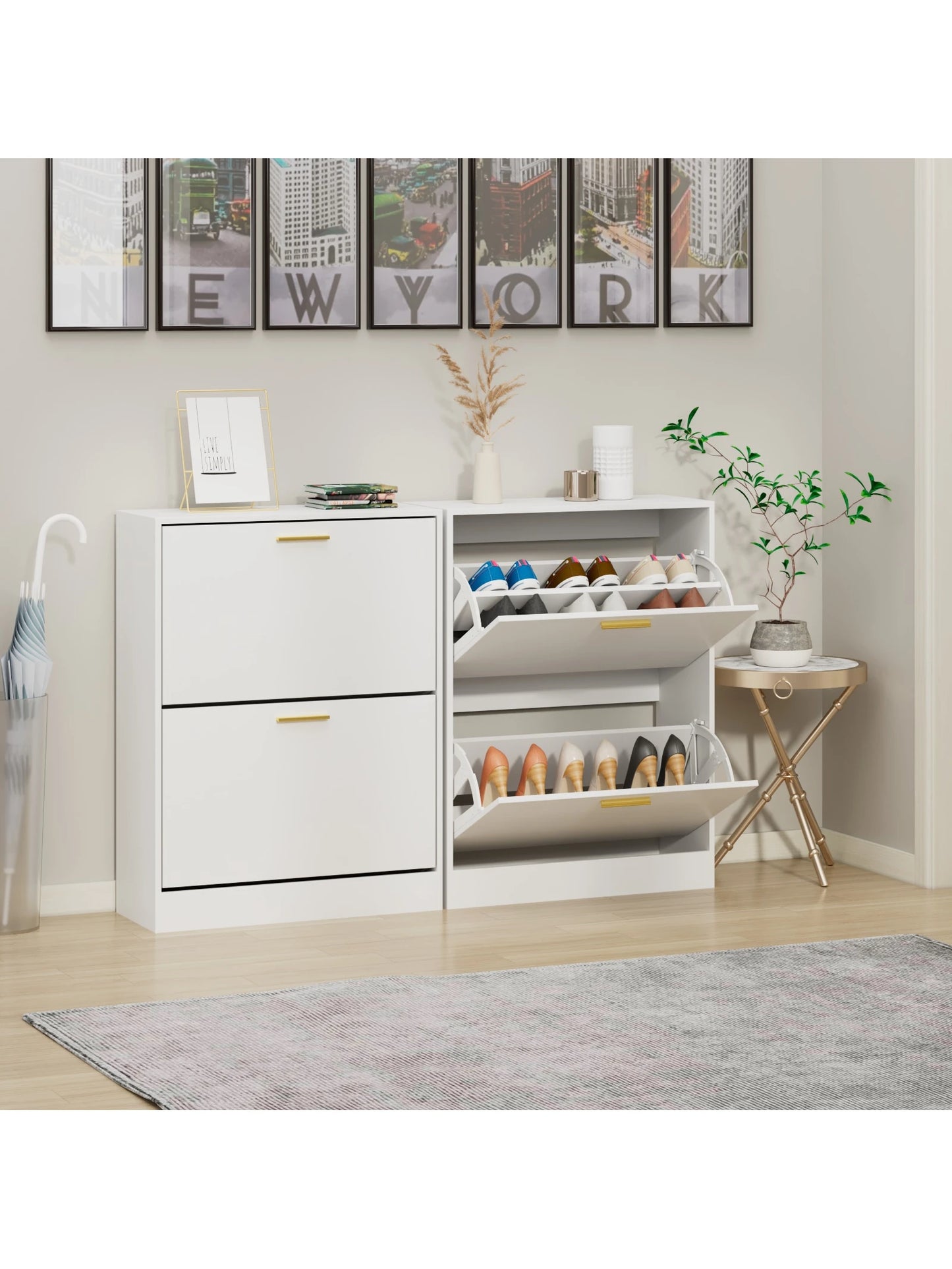 Narrow Shoe Cabinet with 2 Flip-Down Drawers – Slim Modern Entryway Storage