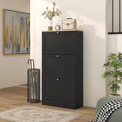 Slim Entryway Shoe Storage Cabinet — 3 Flip Drawers, Narrow Design for Small Spaces