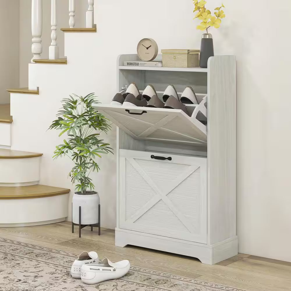 Slim Shoe Cabinet for Entryway, Farmhouse Hidden Shoe Storage Cabinet with 2 Flip Drawers and Adjustable Shelves
