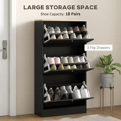 Slim Entryway Shoe Storage Cabinet — 3 Flip Drawers, Narrow Design for Small Spaces